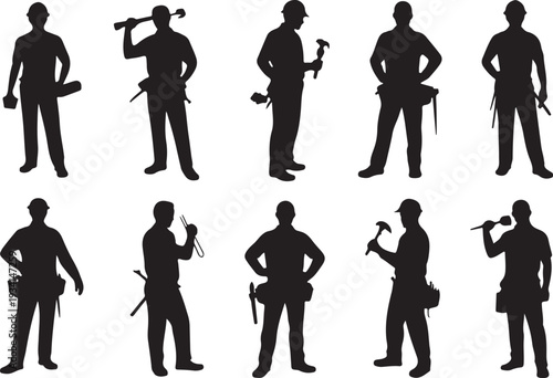Black silhouettes of ten construction workers with tools