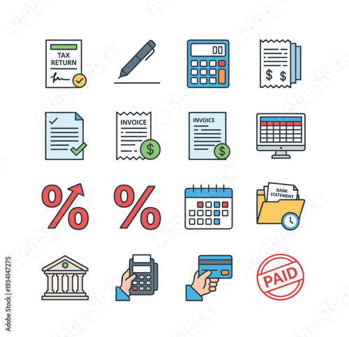 Financial and business icons representing accounting, payments, and taxes