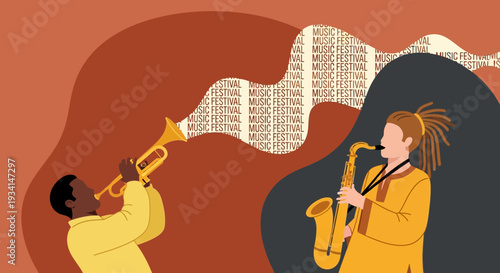 Jazz Music Festival Celebration with Trumpet and Saxophone Musicians - Vibrant Vector Illustration of Live Performance
