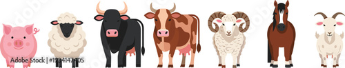 Farm Animal Collection with Pig, Sheep, Cow, Ram, Horse, and Goat Cartoon Vector Illustration Set for Agriculture and Livestock Designs