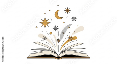 Open book with magical stars and moon exploding from pages on white background symbolizing knowledge and fantasy