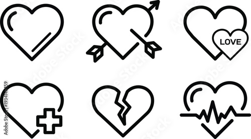 Collection of six hand drawn heart symbols with various designs