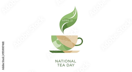 National tea day celebration with green tea cup and leaf emblem on white background