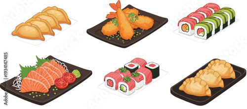 Japanese Food Vector Set with Sushi Rolls Sashimi Salmon Tempura Shrimp Gyoza Dumplings and Traditional Asian Cuisine Dishes Isolated on White Background for Restaurant Menu Design
