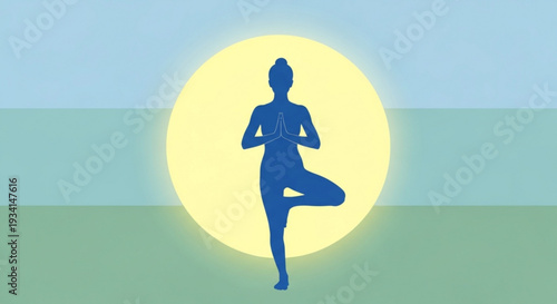 Woman in yoga tree pose silhouette against bright sun or moonlight serene landscape background with green and blue hues