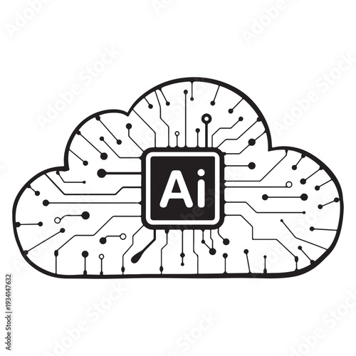 Artificial intelligence cloud computing concept, AI processor chip network, digital data technology, black and white line illustration Art & Illustration