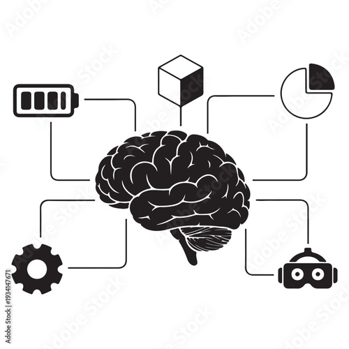 Artificial intelligence brain network concept, machine learning data processing system, black and white technology line illustration Art & Illustration