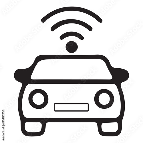 Connected car WiFi icon, smart vehicle wireless communication symbol, autonomous automotive technology, black and white line design Art & Illustration