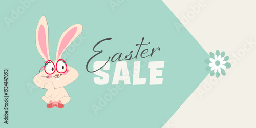 Vector Easter sale banner with cute bunny in glasses on mint green background. Flat cartoon style with copy space for promotional text.