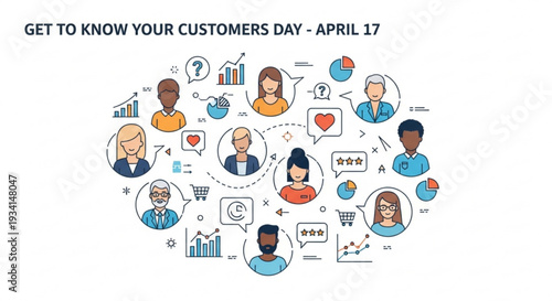 Customer relationships and communication concept with diverse people icons and business symbols on white background for get to know your customers day on april 17
