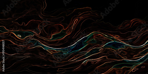 Vector abstract depiction of fluid motion in a sea of darkness, a visualization of swirling currents, creating a mesmerizing display of colors.