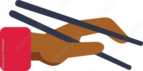 Hand holding dark chopsticks in a flat design style against a white background