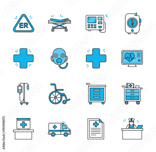 Collection of medical icons representing emergency services and healthcare equipment