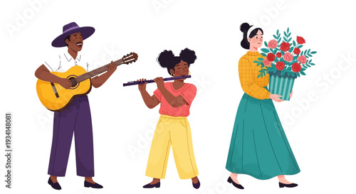 Diverse People Enjoying Hobbies: Man Playing Guitar, Girl Playing Flute, Woman with Flowers - Joyful Flat Illustration