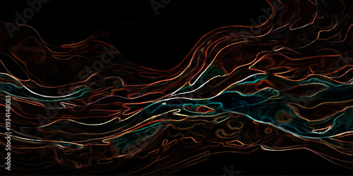 Vector vibrant artwork abstractly portrays flowing river with detailed contours, evoking sense of energy and natural world beauty.