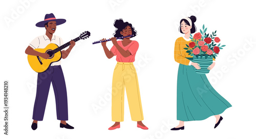 Joyful Diverse People: Guitarist, Flutist, and Gardener with Flowers. Flat Vector Illustration of Creative Hobbies and Leisure.