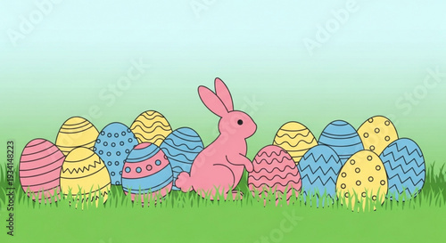 Pink easter bunny sitting among colorful decorated eggs in green grass on sunny day