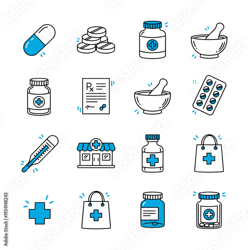 Collection of pharmacy and medical icons with blue accents on a white background