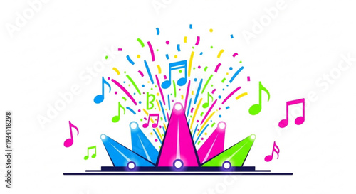 Colorful music notes and symbols emerging from a laptop representing a joyful digital music explosion with vibrant pink blue and green hues