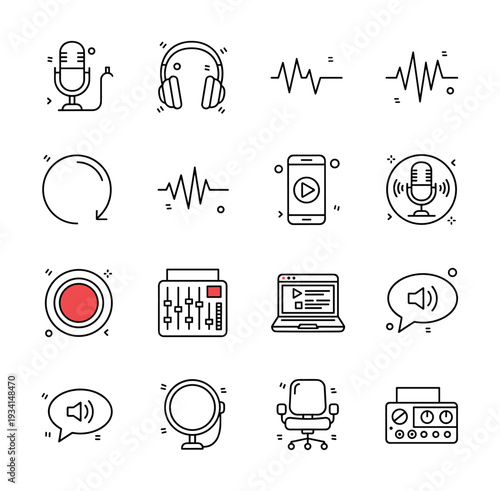Collection of podcasting and audio recording equipment icons