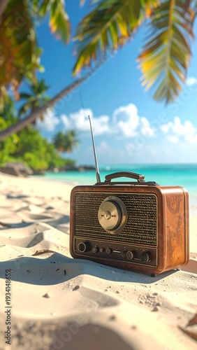 A vintage radio on a sandy beach with palm trees (2)
