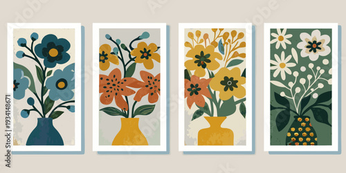 Four framed botanical prints featuring stylized floral arrangements in vases