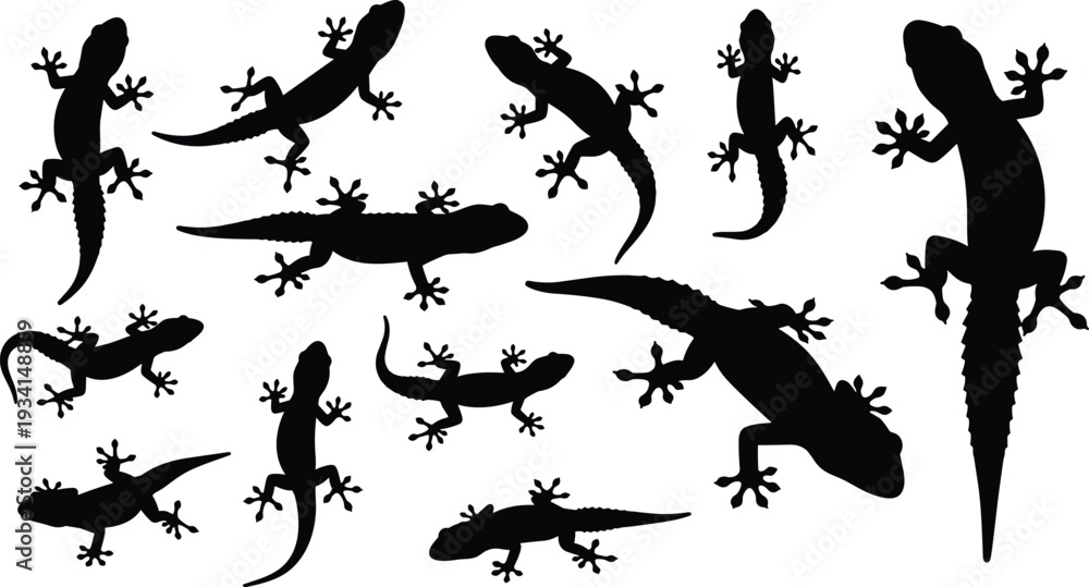 Fototapeta premium Lizard and Gecko Silhouette Vector Set featuring Reptiles in Various Poses for Nature Wildlife Herpetology and Tropical Exotic Animal Design