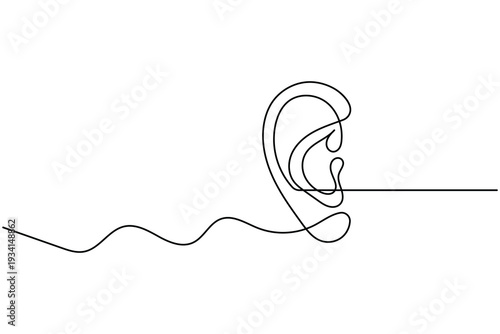 Human ear single line art illustration isolated on white background for health and sound
