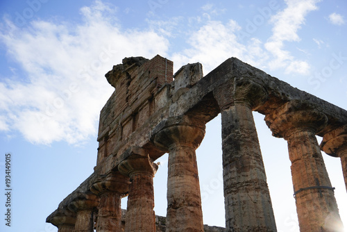 Ancient Greek Temple of Athena or Temple of Ceres. Ancient ruins. Paestum, Archaeological UNESCO World Heritage Site, Province of Salerno, Campania, Italy. 