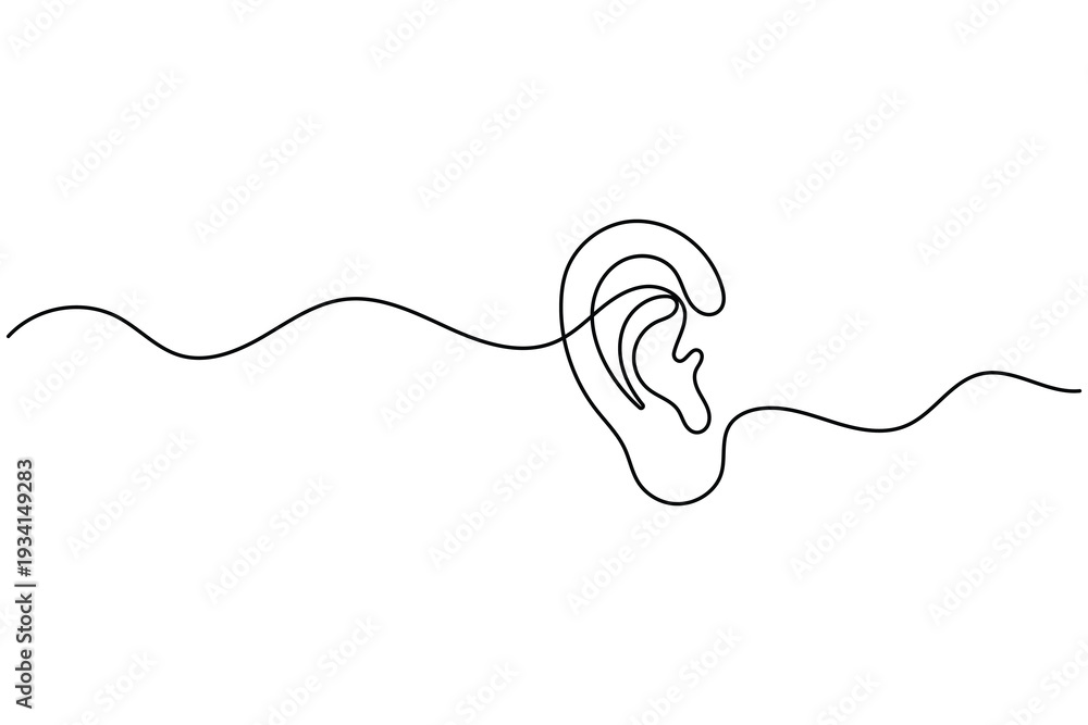 Obraz premium Human ear single line art illustration isolated on white background for health and sound