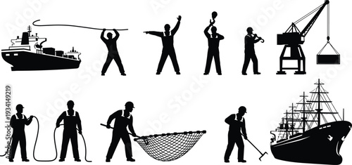 Maritime Industry Silhouette Set with Cargo Ships Harbor Cranes Port Workers Pulling Ropes and Fishermen with Nets for Nautical Commercial Design