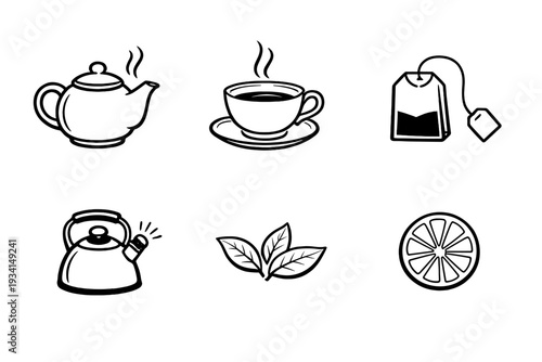 A collection of six minimalist black and white line icons featuring a teapot, teacup, tea bag, kettle, tea leaves, and a lemon slice on a plain black background.