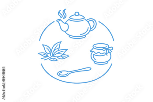 A blue line art illustration featuring a steaming teapot, fresh tea leaves, a jar of honey, and a spoon arranged inside a circular frame on a solid black background.
