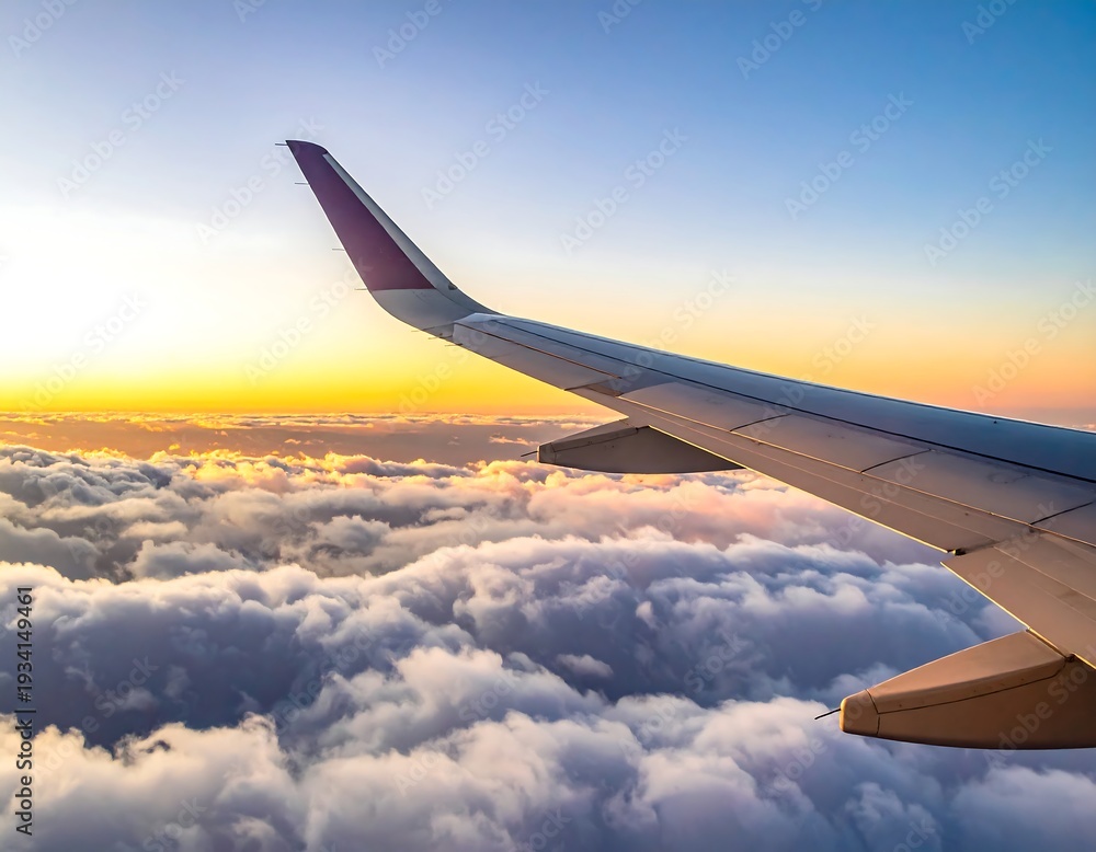 Obraz premium A wing of an airplane flying above clouds during sunrise
