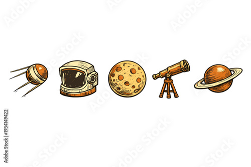 A row of vintage-style space illustrations featuring a satellite, an astronaut helmet, a cratered moon, a telescope on a tripod, and a ringed planet against a solid black background.