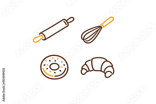 A collection of four hand-drawn baking icons including a rolling pin, a whisk, a donut, and a croissant. The illustrations feature brown outlines and orange accents on a black background.