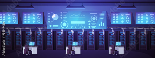 Data center with server racks, engineer workstations, and illuminated monitoring screens.