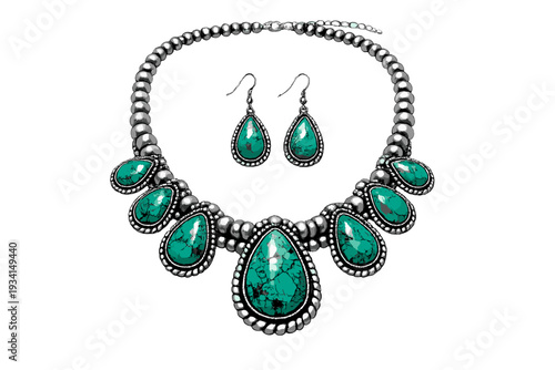 This jewelry set includes a silver-toned beaded necklace adorned with seven teardrop turquoise pendants and matching earrings, all set against a stark black background.