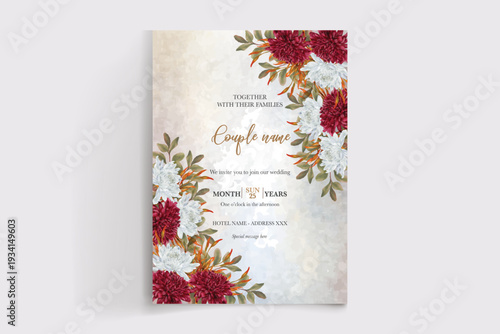WEDDING INVITATION FRAME WITH FLOWER DECORATIONS AND FRESH LEAVES
