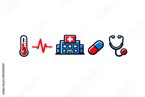 This set of medical and healthcare icons features a thermometer, pulse line, hospital, capsule, and stethoscope. Each icon has a white border and is set against a black backdrop.