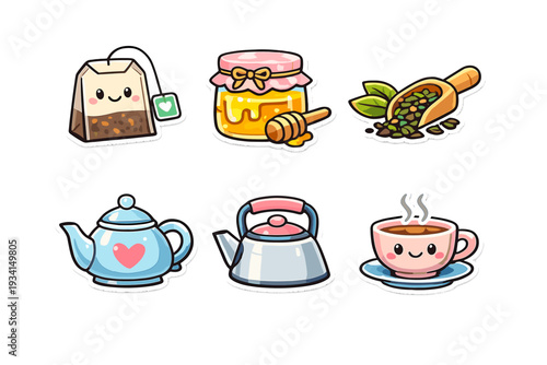 A collection of six cute kawaii tea-themed stickers featuring a smiling tea bag, a honey jar with a dipper, loose tea leaves, a heart teapot, a kettle, and a steaming teacup on a saucer.
