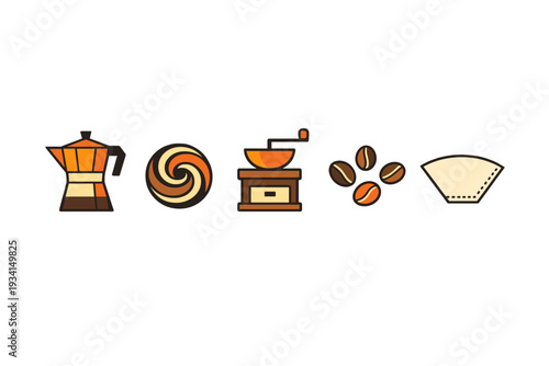 A collection of five coffee-themed icons including a moka pot, a swirl, a manual grinder, coffee beans, and a paper filter, presented in a flat illustration style on a black background.