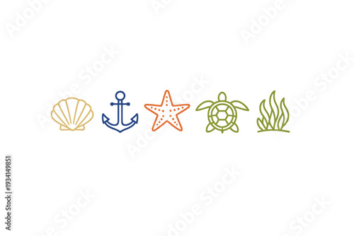 Five colorful ocean-themed icons including a seashell, anchor, starfish, sea turtle, and seaweed are arranged in a horizontal row against a solid black background.