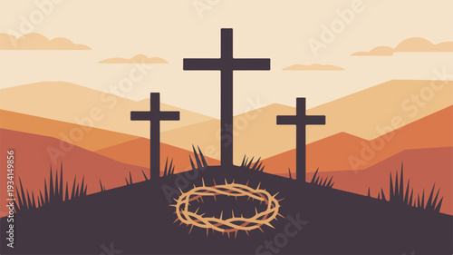 Three crosses on a hill with a crown of thorns at sunset symbolizing sacrifice and faith
