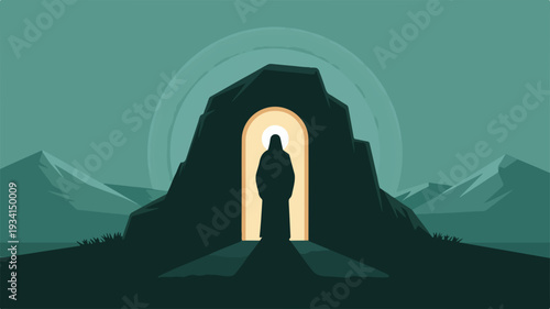 Person standing in a cave entrance with a glowing light surrounded by mountains and a serene landscape
