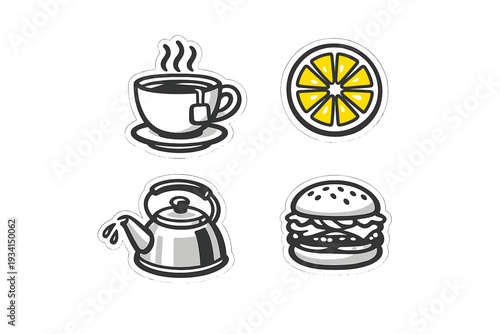 A collection of four food and drink stickers featuring a steaming cup of tea, a yellow lemon slice, a pouring kettle, and a hamburger, all set against a solid black background.