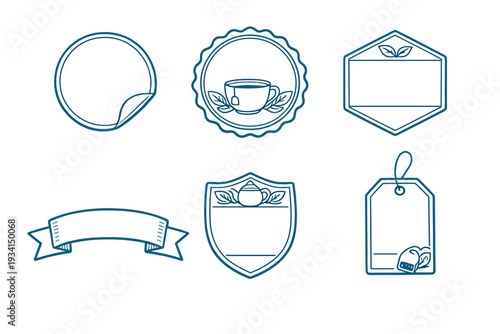 This set features six dark blue outline labels and tags for tea products, including a circular sticker, banner, shield, and hang tag with tea-related illustrations.