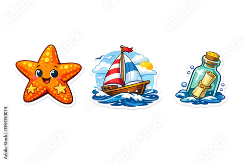 A set of three nautical-themed stickers featuring a smiling orange starfish, a sailboat on ocean waves under a bright sun, and a message in a glass bottle floating on the water.