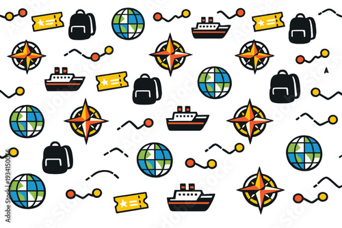 This seamless pattern displays various travel icons including globes, compasses, backpacks, cruise ships, and tickets on a black background, perfect for adventure and tourism designs.