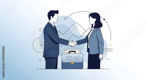 Business Partnership Handshake – Man and Woman with Briefcases, Corporate Deal Agreement Vector Illustration